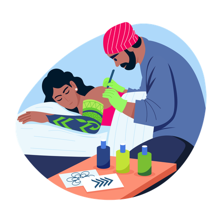 Tattoo artist making tattoo on female client  Illustration