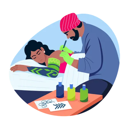 Tattoo artist making tattoo on female client  Illustration
