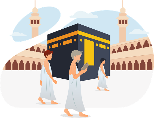 Tawaf caminando alrededor de la Kaaba siete veces  Ilustración