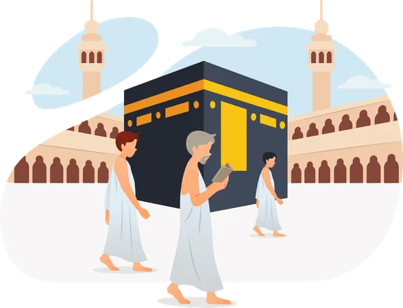 Tawaf caminando alrededor de la Kaaba siete veces  Ilustración