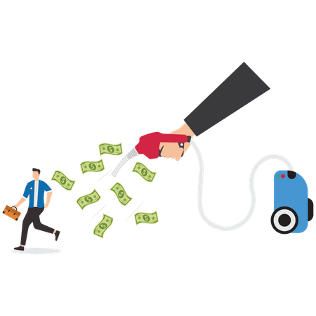 Tax burden, fearful businessman runs away with dollars scattered and sucked up by a tax vacuum cleaner  Illustration