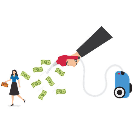 Tax burden, fearful businesswoman runs away with dollars scattered and sucked up by a tax vacuum cleaner  Illustration