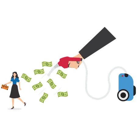 Tax burden, fearful businesswoman runs away with dollars scattered and sucked up by a tax vacuum cleaner  Illustration