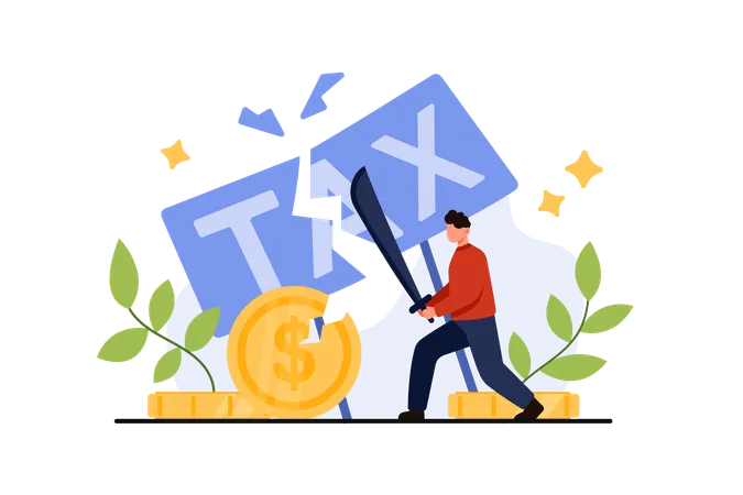 Tax Cut Corporate Company Or Government Strategy Tiny Man Breaking Word Tax With Sword To Reduce Deductions Burden And Avoid Loss Of Money Profit And Expenses Return Cartoon Vector Illustration Illustration