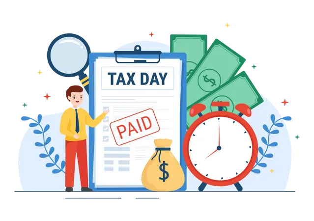 Tax Day Illustration With Clipboard Form Clock Calendar And Coins Money For Web Banner Or Landing Page In Flat Cartoon Hand Drawn Templates Illustration