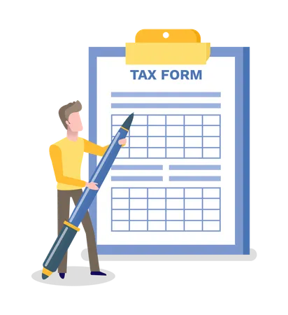 Empty Tax Form Vector Isolated Man Holding Pen Small Male With Big Pencil Accountant And Taxation Table With Blank Space For Filling Flat Style Illustration