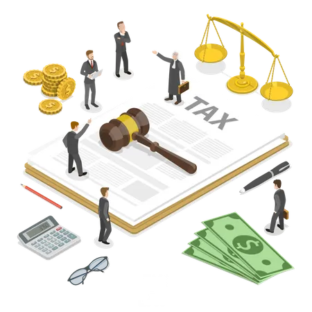 Tax Law Flat Isometric Vector Concept People Surrounded By The Tax And Justice Attributes Are Disputing On Something Illustration