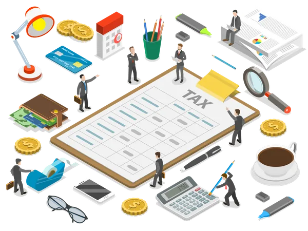 Tax Payment Flat Isometric Vector Concept Tax Report Is Lying Surrounded By The People And Corresponding Attributes Illustration