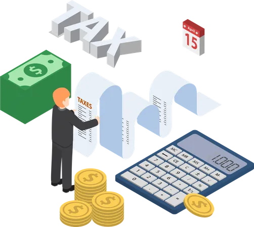 Isometric Businessman Calculate Document For Taxes With Calculator Cash And Coin Calendar Tax Payment Concept Illustration