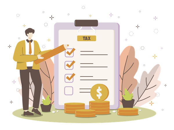 Tax preparation checklist with businessman and financial planning elements  Illustration