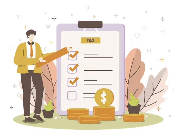 Tax preparation checklist with businessman and financial planning elements  Illustration