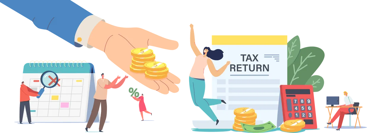 Tax Return Concept Male Or Female Characters Getting Money Refund For Purchasing Mortgage Or Health Care Service People Save Budget Huge Hand Give Money To Girl Cartoon Vector People Illustration Illustration