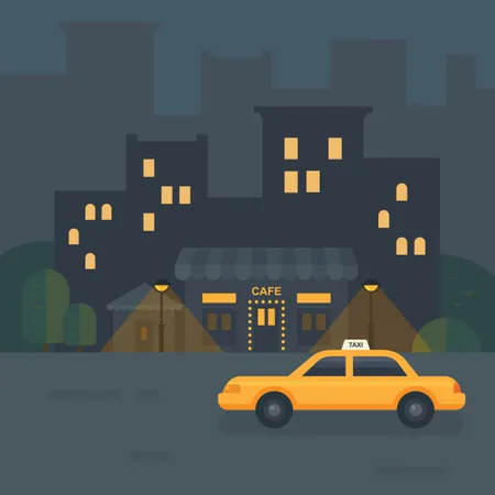 Night City Cafe Flat Illustration Taxi Car Near A Restaurant Illustration