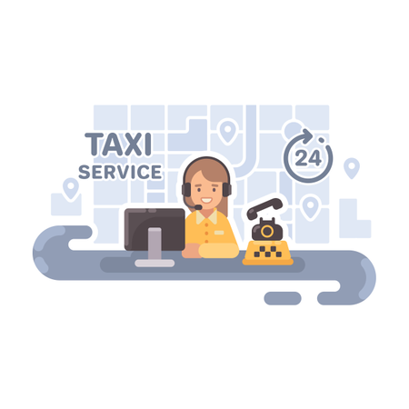 Taxi-Disponentin an ihrem Schreibtisch kümmert sich um Buchungen  Illustration