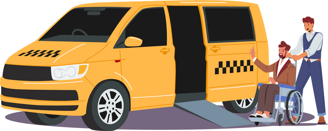 Taxi driver help disabled person get into taxi Illustration