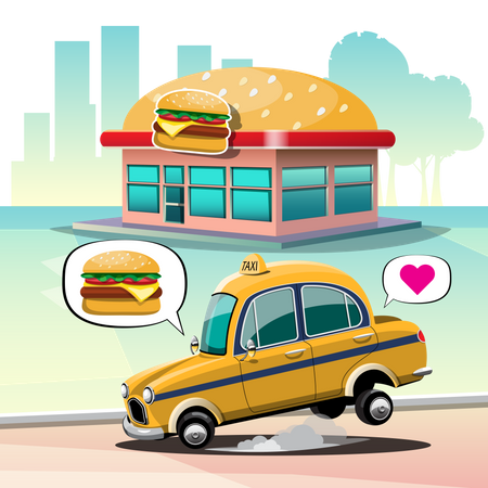 Taxi driver parked on burger shop. to buy a cheese burger to eat for lunch  Illustration