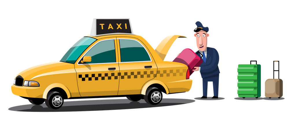 Taxi driver putting passenger Luggage in taxi trunk  Illustration