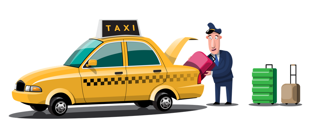 Taxi driver putting passenger Luggage in taxi trunk  Illustration