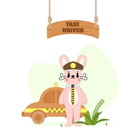 Taxi driver rabbit standing with car  Illustration