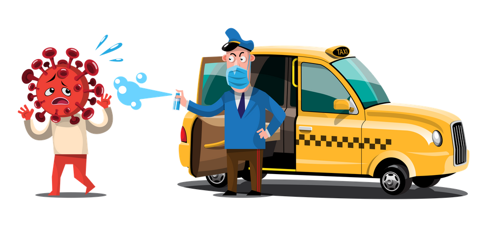 Taxi Driver Spraying Sanitizer on Corona Infected Passenger  Illustration