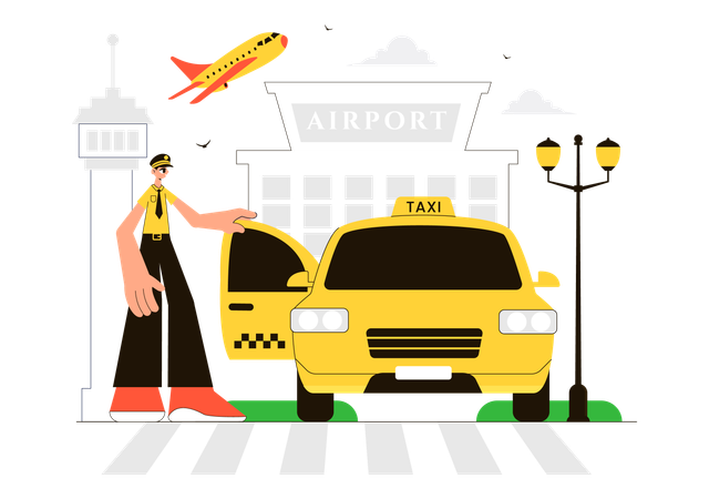 Taxi driver with taxi while provide airport taxi service  Illustration