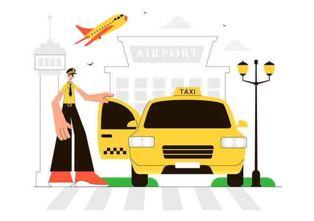 Taxi driver with taxi while provide airport taxi service  Illustration