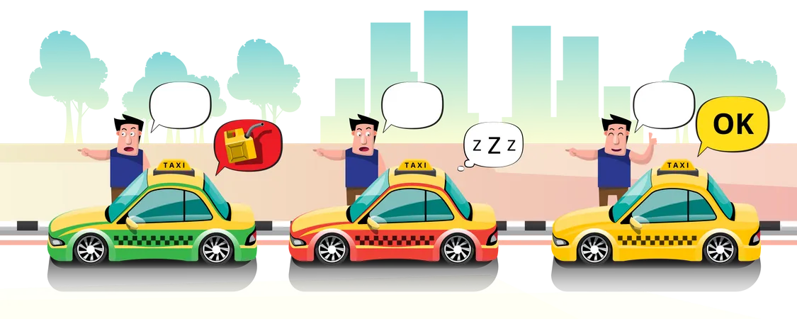 Passengers Stand To Call Taxis On The Roadside The First Car Didnt Accept It Had To Refuel The Second Car The Driver Finished Work The Third Car Agreed Business And Service Concept Vector Illustration In Flat Style Illustration