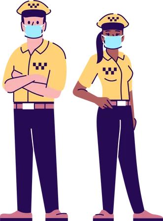 Taxi Drivers In Pandemic Flat Isolated Vector Illustration Transportation Service Workers In Surgical Masks 2 D Cartoon Character With Outline On White Background Coronavirus Protection Illustration