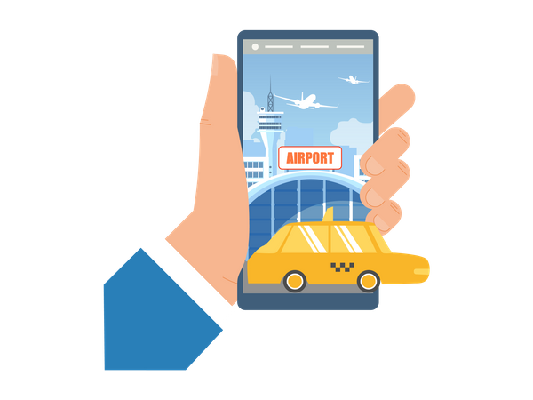 Taxibuchung für Flughafentransfer mit Mobiltelefon  Illustration
