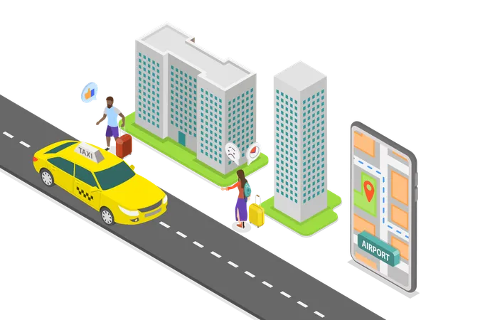 3 D Isometric Flat Vector Illustration Of Transport To Airport Taxi Ordering Illustration