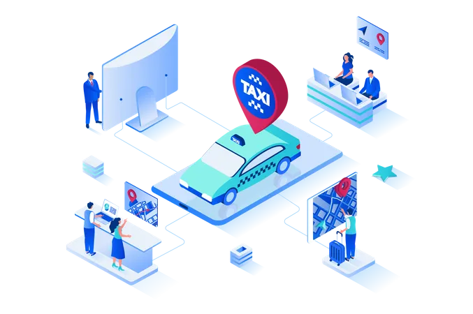 Taxi Service 3 D Isometric Web Design People Calling Taxi Booking Car For Moving Around City Or Transfer Making Route And Tracking Online Location In Mobile Application Vector Web Illustration Illustration