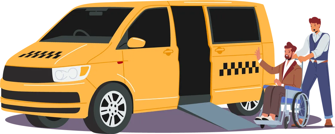 Taxifahrer hilft behinderter Person beim Einsteigen  Illustration