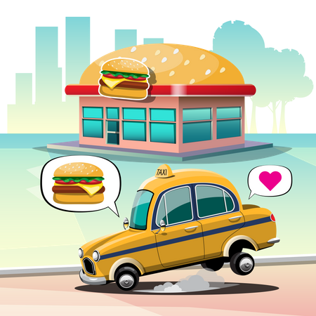 Taxifahrer parkt vor Burgerladen, um sich einen Cheeseburger zum Mittagessen zu kaufen  Illustration