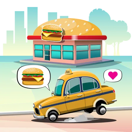 Taxifahrer parkt vor Burgerladen, um sich einen Cheeseburger zum Mittagessen zu kaufen  Illustration