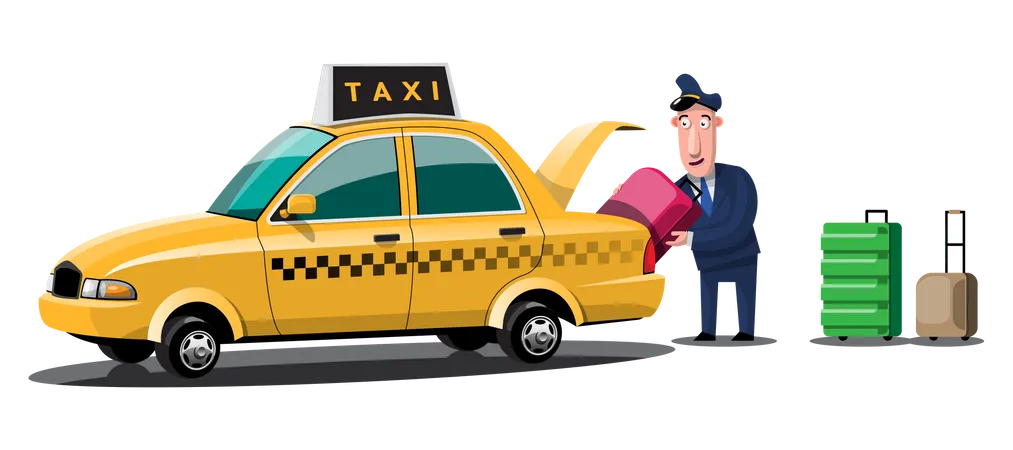 Taxista colocando a bagagem do passageiro no porta-malas do táxi  Ilustração