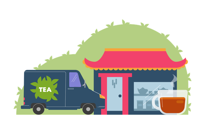 Tea cafe shop and delivery truck van with cup of tea  Illustration