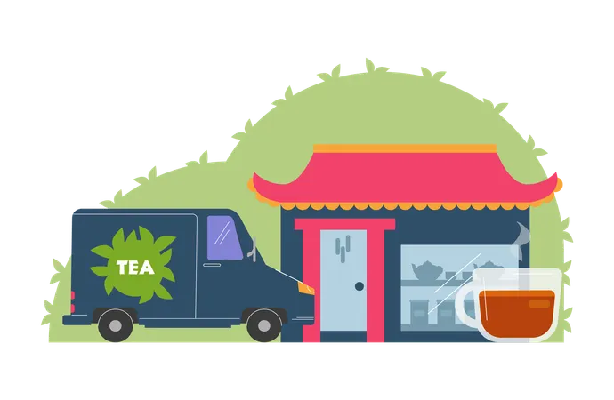 Tea cafe shop and delivery truck van with cup of tea  Illustration