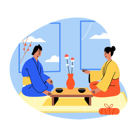 Tea ceremony, drink, beverage, couple, traditional  Illustration