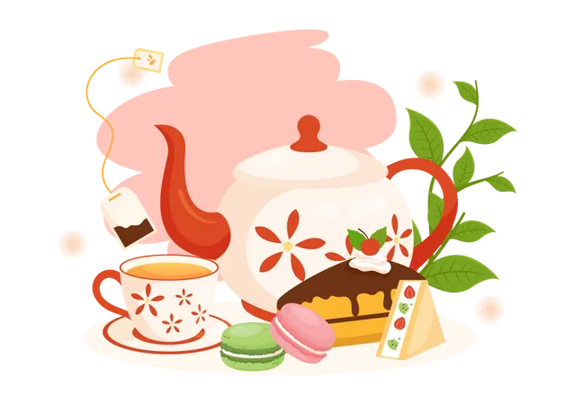 Tea Time Vector Illustration With Mug Of Hot Drink Sweet Desserts And Cookies Usually Done Between Meals In Flat Cartoon Hand Drawn Templates Illustration