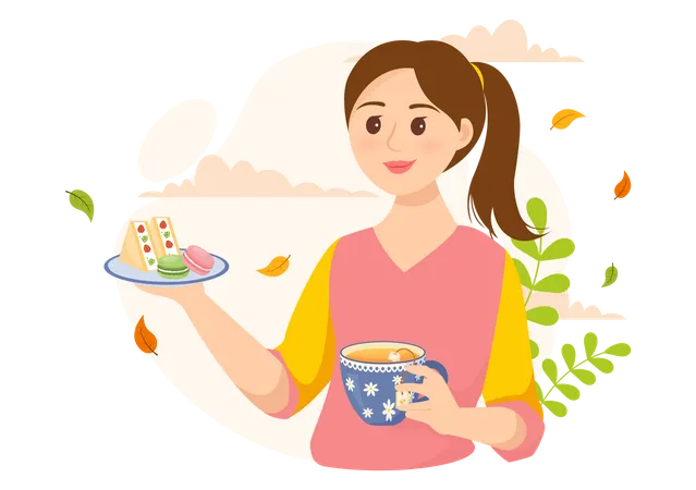 Tea Time Vector Illustration With Mug Of Hot Drink Sweet Desserts And Cookies Usually Done Between Meals In Flat Cartoon Hand Drawn Templates Illustration