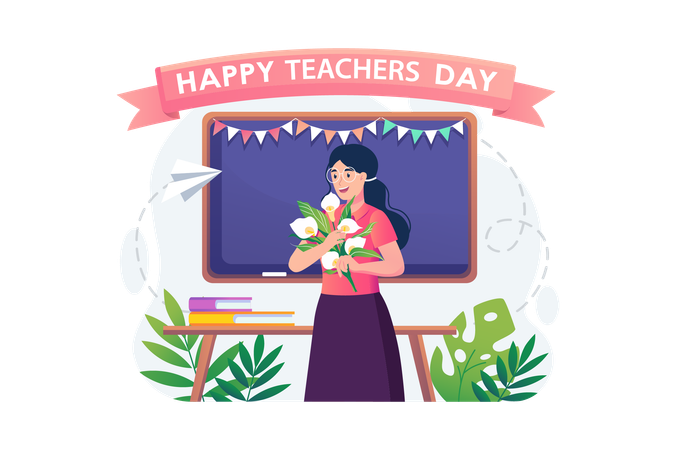 Teacher admires beautiful bouquet that students gave her in honor of Teachers day  Illustration