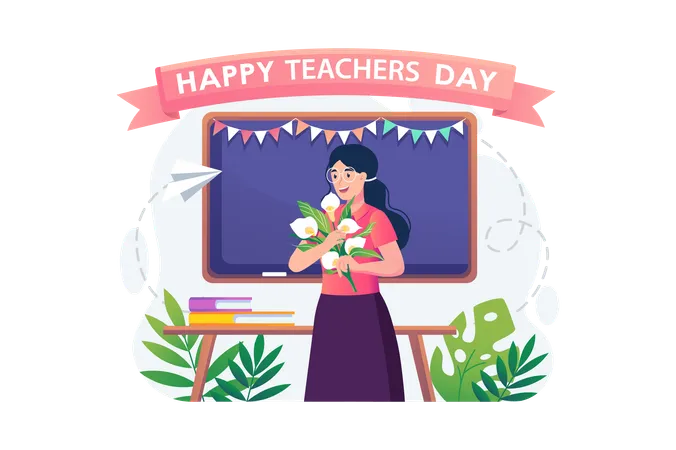 Teacher admires beautiful bouquet that students gave her in honor of Teachers day  Illustration