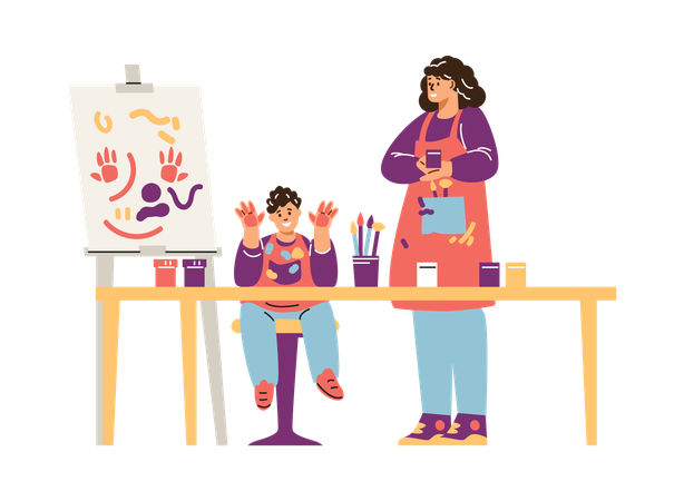 Teacher and a child who draws a picture with paint on his hands  Illustration