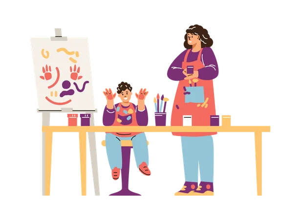 Teacher and a child who draws a picture with paint on his hands  Illustration