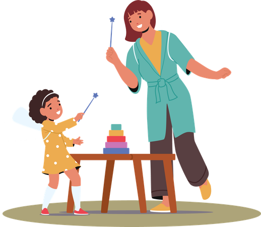 Teacher And Girl Playing With Toys In Kindergarten  Illustration