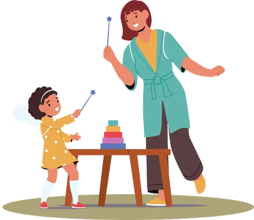 Teacher And Girl Playing With Toys In Kindergarten  Illustration