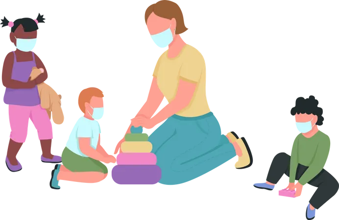 Teacher and kids in medical mask play together  Illustration