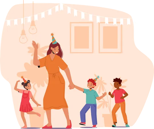 Teacher and Preschool Kids Celebrate Birthday in Kindergarten  Illustration