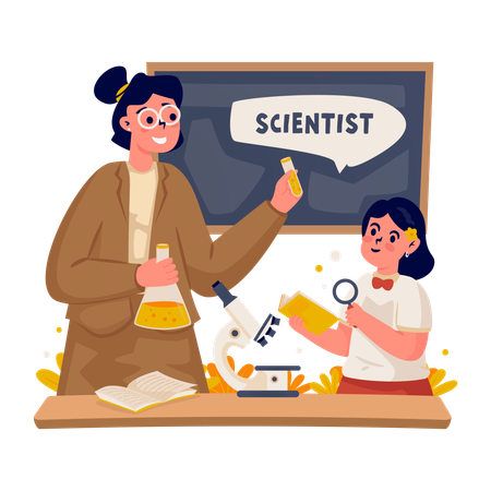 Teacher and student characters who are studying chemistry practice  Illustration