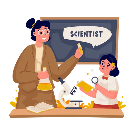 Teacher and student characters who are studying chemistry practice  Illustration